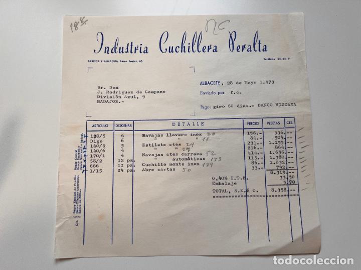 Facturas antiguas: FACTURA. INDUSTRIA CUCHILLERA PERALTA. F&Aacute;BRICA Y ALMAC&Eacute;N. ALBACETE, 1973