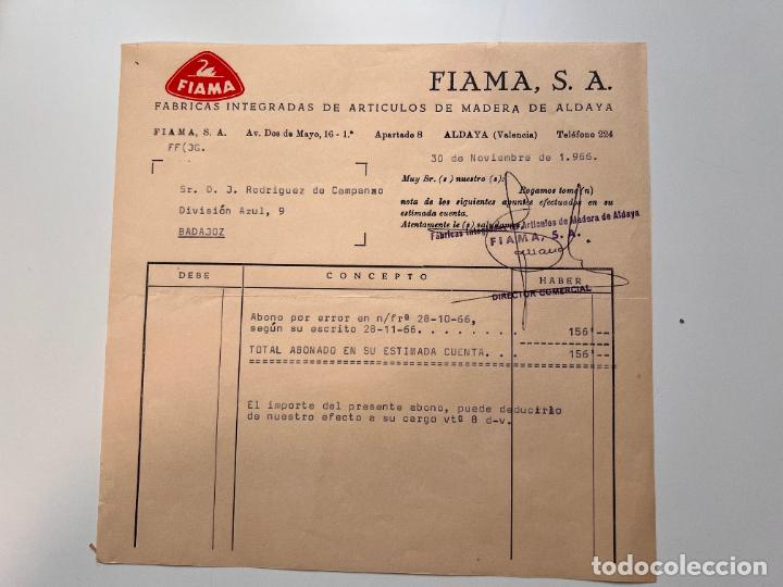Facturas antiguas: FACTURA. FIAMA. F&Aacute;BRICAS INTEGRADAS DE ART&Iacute;CULOS DE MADERA DE ALDAYA. VALENCIA, 1966