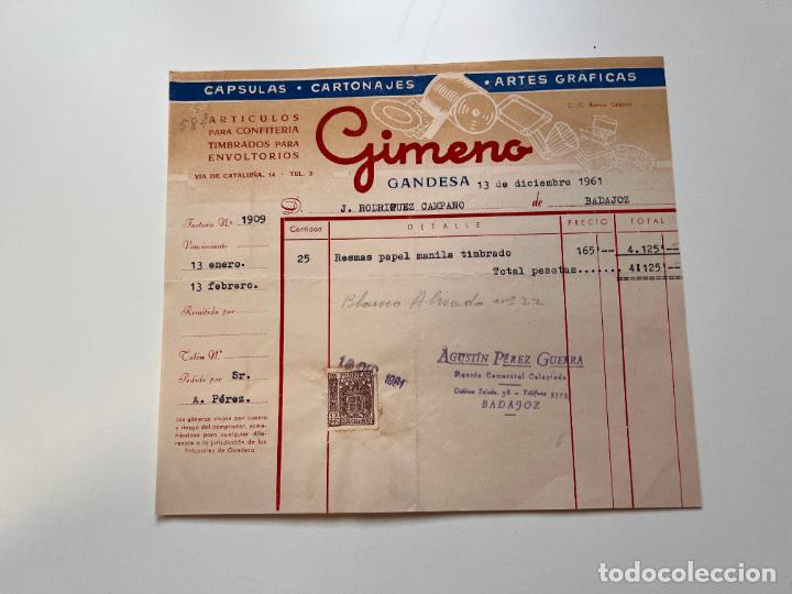 Facturas antiguas: FACTURA. GIMENO. ART&Iacute;CULOS PARA CONFITERIA. TIMBRADOS PARA ENVOLTORIOS. GANDESA - TARRAGONA, 1961