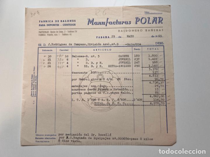 Facturas antiguas: FACTURA. MANUFACTURAS POLAR. F&Aacute;BRICA DE BADALONES PARA DEPORTES. F&Aacute;BARA - ARAG&Oacute;N, 1969