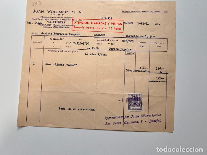 Facturas antiguas: FACTURA. JUAN VOLLMER. F&Aacute;BRICA DE ART&Iacute;CULOS DE FERRETER&Iacute;A. MADRID, 1961