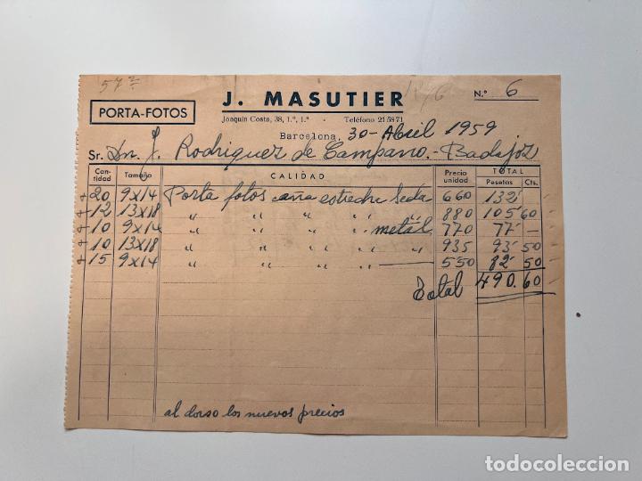 Facturas antiguas: FACTURA. J. MASUTIER. PORTA - FOTOS. BARCELONA, 1959