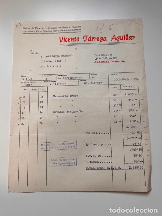 Facturas antiguas: FACTURA. VICENTE T&Aacute;RREGA AGUILAR. F&Aacute;BRICA DE ESTUCHES Y ART&Iacute;CULOS DE MADERA. ALACUAS - VALENCIA,1973