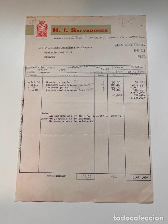 Facturas antiguas: FACTURA. H. I. SALVADORES. MANUFACTURAS DE LA PIEL. ASTORGA - LE&Oacute;N, 1973
