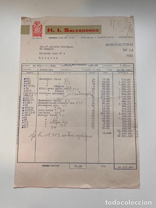 Facturas antiguas: FACTURA. H. I. SALVADORES. MANUFACTURAS DE LA PIEL. ASTORGA - LE&Oacute;N, 1973
