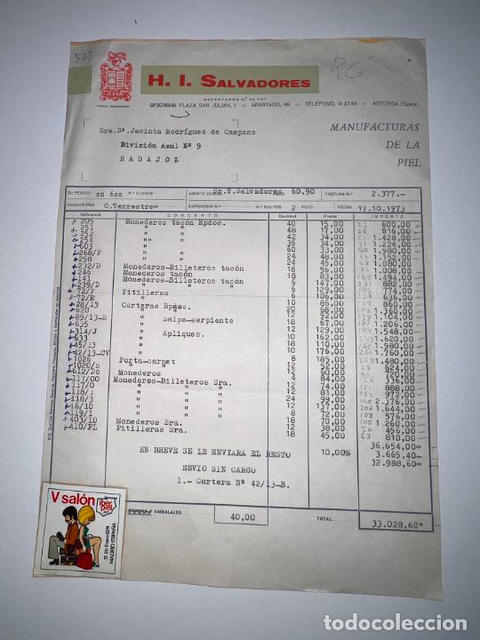 Facturas antiguas: FACTURA. H. I. SALVADORES. MANUFACTURAS DE LA PIEL. ASTORGA - LE&Oacute;N, 1973
