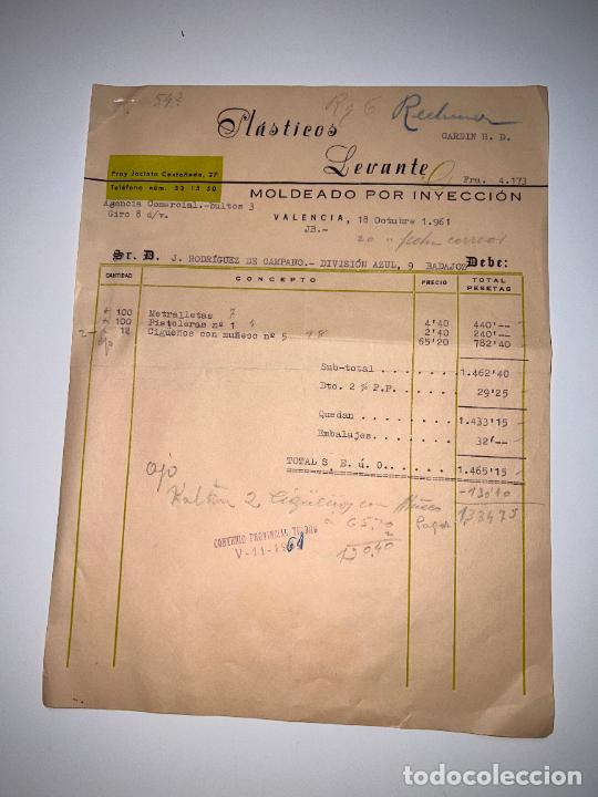 Facturas antiguas: FACTURA. PL&Aacute;STICOS LEVANTE. MOLDEADO POR INYECCI&Oacute;N. VALENCIA, 1961