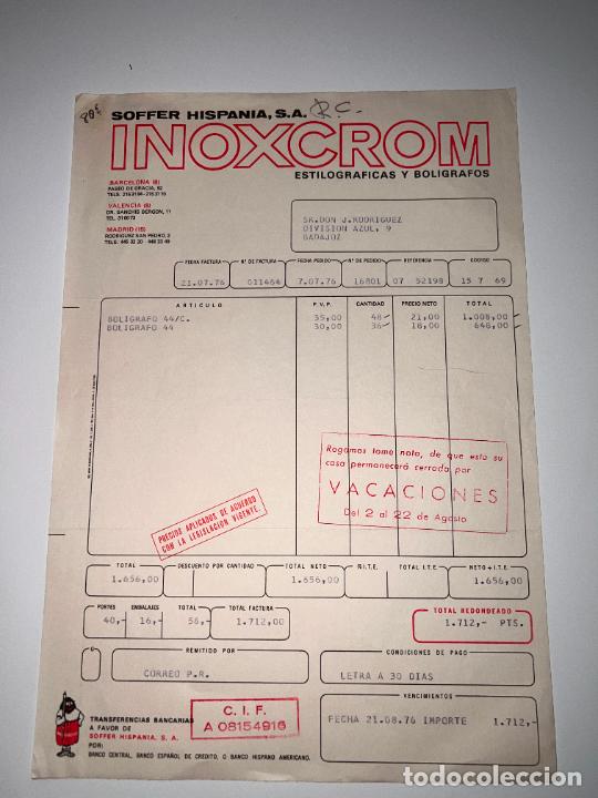 Facturas antiguas: FACTURA. INOXCROM. ESTILOGRAFICAS Y BOLIGRAFOS. SOFFER HISPANIA. BARCELONA, 1976