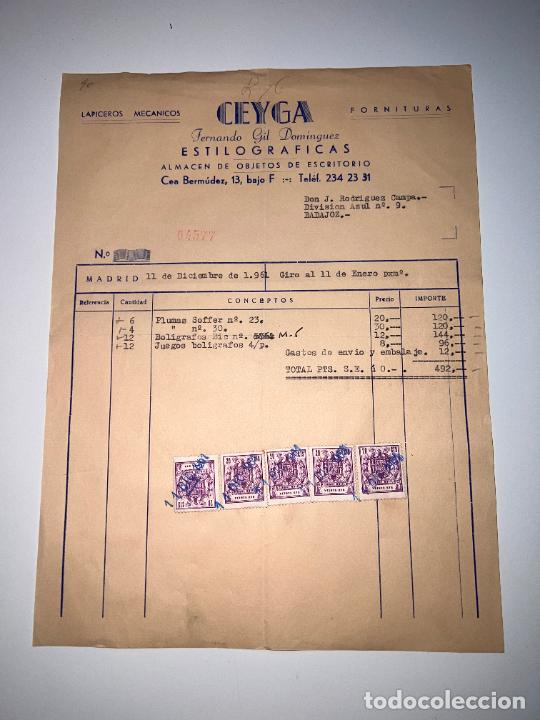 Facturas antiguas: FACTURA. CEYGA. FERNANDO GIL DOM&Iacute;NGUEZ. ALMACEN DE OBJETOS DE ESCRITORIO. MADRID, 1961
