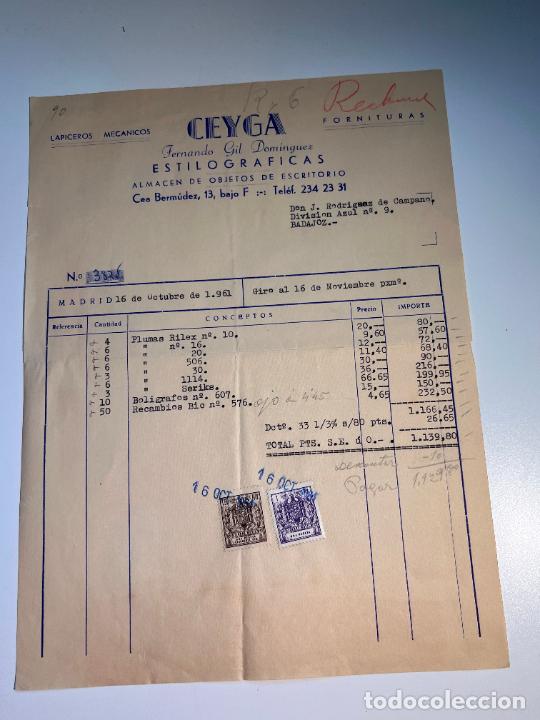 Facturas antiguas: FACTURA. CEYGA. FERNANDO GIL DOM&Iacute;NGUEZ. ALMACEN DE OBJETOS DE ESCRITORIO. MADRID, 1961