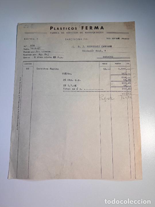 Facturas antiguas: FACTURA. PL&Aacute;STICOS FERMA. F&Aacute;BRICA DE ART&Iacute;CULOS DE MARROQUINER&Iacute;A. BARCELONA, 1967