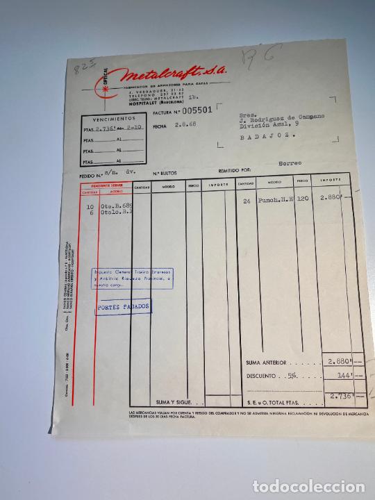 Facturas antiguas: FACTURA. METALCRAFT. OPTICAL. ARMAZONES METALICOS PARA GAFAS. HOSPITALET - BARCELONA, 1968