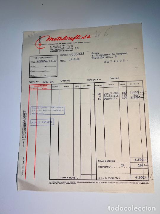 Facturas antiguas: FACTURA. METALCRAFT. OPTICAL. ARMAZONES METALICOS PARA GAFAS. HOSPITALET - BARCELONA, 1968