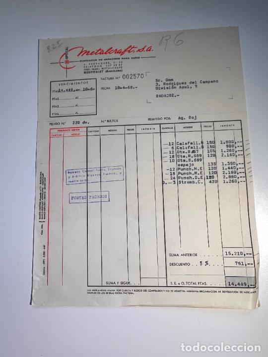 Facturas antiguas: FACTURA. METALCRAFT. OPTICAL. ARMAZONES METALICOS PARA GAFAS. HOSPITALET - BARCELONA, 1968