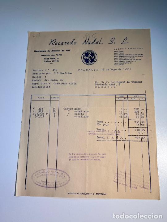 Facturas antiguas: FACTURA. RECAREDO NADAL. MANUFACTURA DE ART&Iacute;CULOS DE PIEL. VALENCIA, 1961