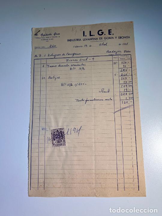 Facturas antiguas: FACTURA. I.L.G.E. INDUSTRIA LEVANTINA DE GOMA Y EBONITA. VALENCIA, 1961