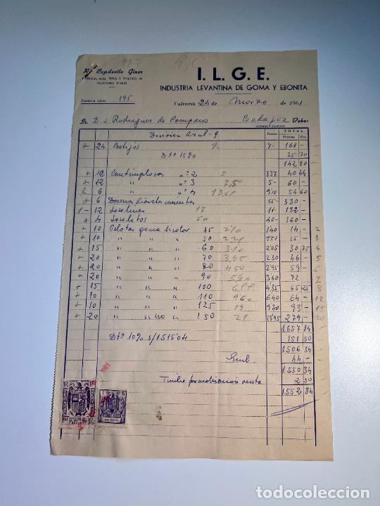 Facturas antiguas: FACTURA. I.L.G.E. INDUSTRIA LEVANTINA DE GOMA Y EBONITA. VALENCIA, 1961