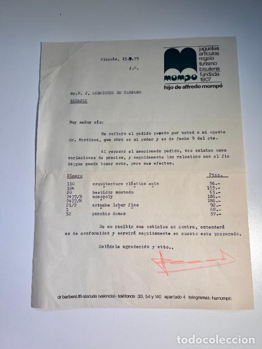Facturas antiguas: FACTURA. MOMPO. JUGUETES, ARTICULOS DE REGALO, TURISMO, BISUTERIA. ALACU&Aacute;S - VALENCIA, 1975