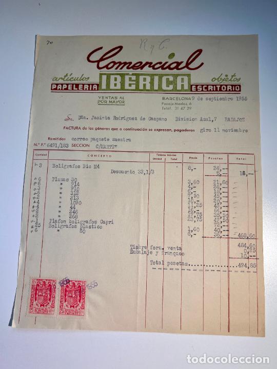 Old Invoices: FACTURA. COMERCIAL IB&Eacute;RICA. ART&Iacute;CULOS DE PAPELERIA, OBJETOS DE ESCRITORIO. BARCELONA, 1955