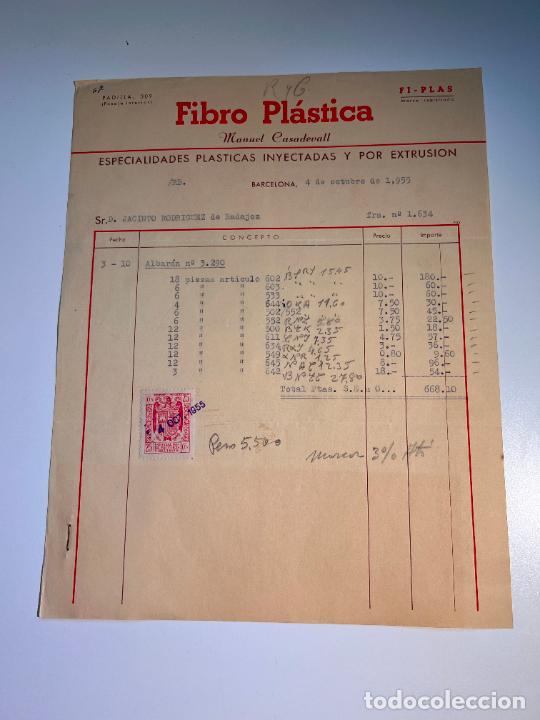 Old Invoices: FACTURA. FIBRO PL&Aacute;STICA. MANUEL CASADEVALL. ESPECIALIDADES PLASTICAS INYECTADAS. BARCELONA, 1955