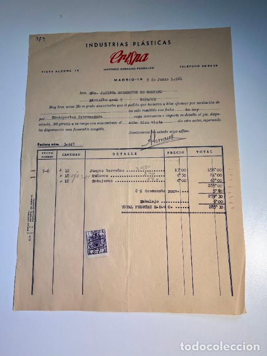 Old Invoices: FACTURA. INDUSTRIAS PL&Aacute;STICAS CRISPA. ANTONIO SERRANO PEDRAJAS. MADRID, 1961