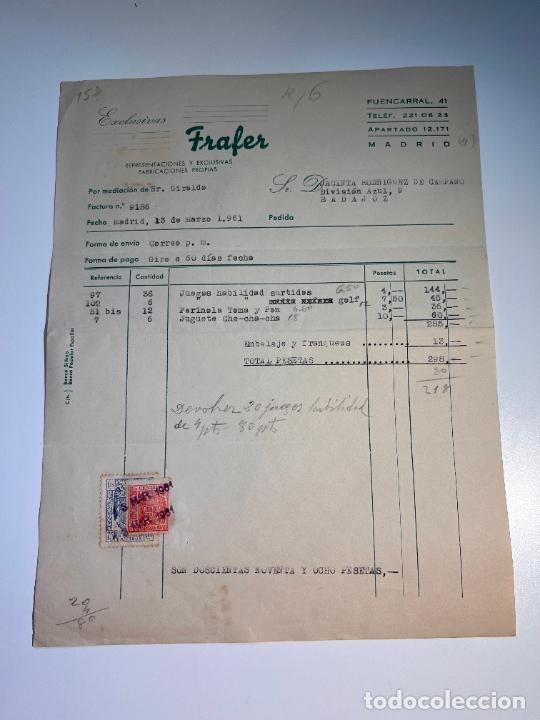 Old Invoices: FACTURA. EXCLUSIVAS FRALER. REPRESENTACIONES Y EXCLUSIVAS. FABRICACIONES PROPIAS. MADRID, 1961