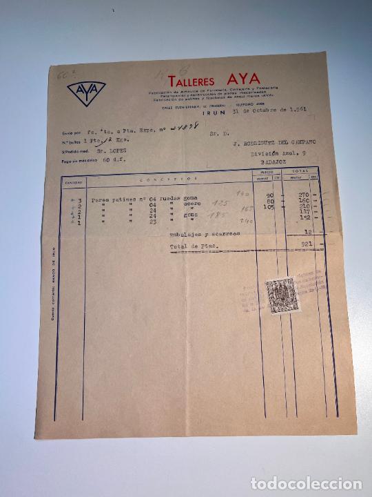 Facturas antiguas: FACTURA. TALLERES AYA. FERRETERIA, CERRAJERIA Y FONTANERIA. IR&Uacute;N, 1961