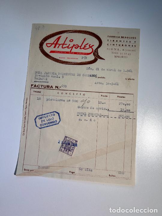 Facturas antiguas: FACTURA. ARTIPLEX- FABRICA DE BOLSOS, TIRANTES Y CINTURONES. MADRID, 1961