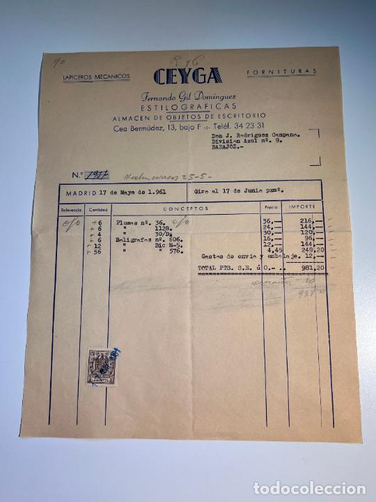 Facturas antiguas: FACTURA. CEYGA. FERNANDO GIL DOM&Iacute;NGUEZ. ALMACEN DE OBJETOS DE ESCRITORIO. MADRID, 1961