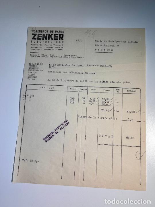 Facturas antiguas: FACTURA. ZENKER ELECTRICIDAD. HEREDEROS DE PABLO ZENKER. MADRID, 1961