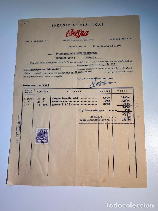 Facturas antiguas: FACTURA. INDUSTRIAS PL&Aacute;STICAS CRISPA. ANTONIO SERRANO PEDRAJAS. MADRID, 1961