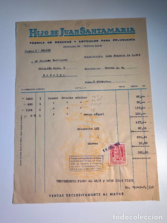 Facturas antiguas: FACTURA. HIJO DE SAN JUAN SANTAMARIA. F&Aacute;BRICA DE BROCAS Y ART&Iacute;CULOS PARA PELUQUER&Iacute;A. BARCELONA, 1959