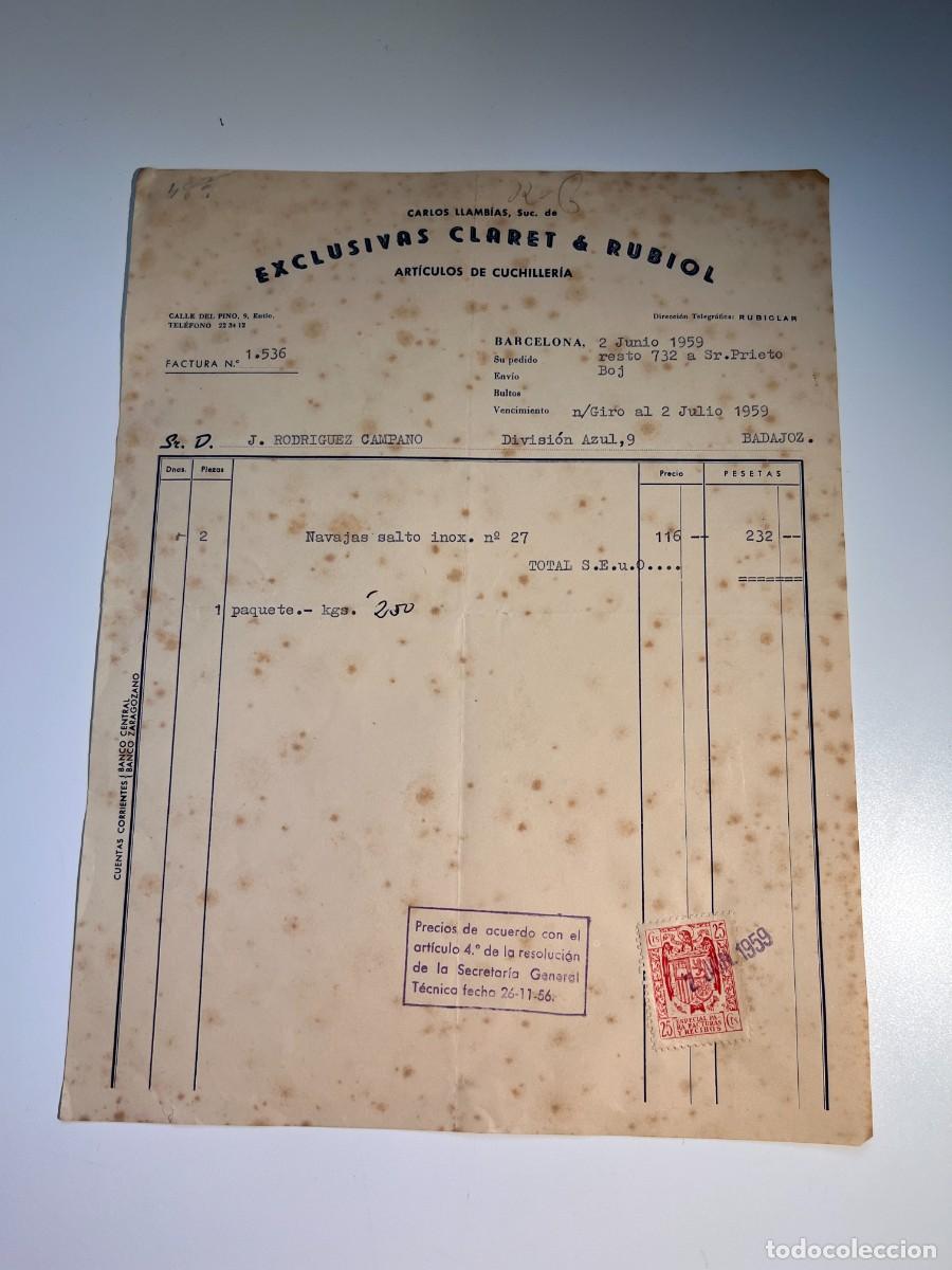 Facturas antiguas: FACTURA. EXCLUSIVAS CLARET & RUBIOL. ART&Iacute;CULOS DE CUCHILLER&Iacute;A. BARCELONA, 1959