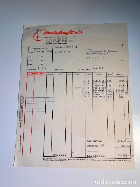 Facturas antiguas: FACTURA. METALCRAFT. OPTICAL. ARMAZONES METALICOS PARA GAFAS. HOSPITALET - BARCELONA, 1968