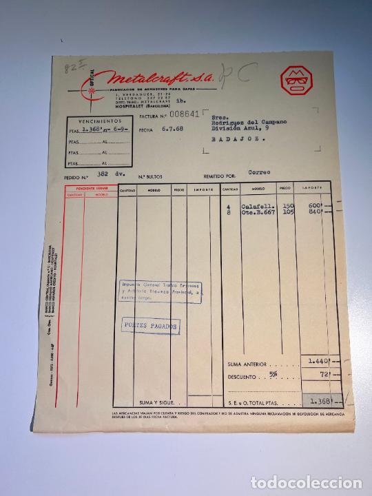 Facturas antiguas: FACTURA. METALCRAFT. OPTICAL. ARMAZONES METALICOS PARA GAFAS. HOSPITALET - BARCELONA, 1968