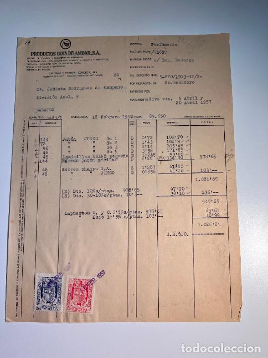 Facturas antiguas: FACTURA. PRODUCTOS GOTA DE AMBAR. JABONES DE TOCADOR. BARCELONA, 1957