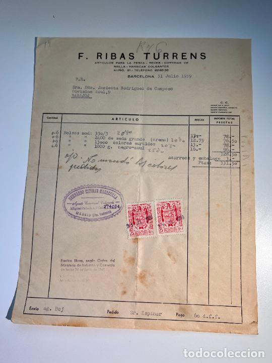 Facturas antiguas: FACTURA. F. RIBAS TURRENS. ART&Iacute;CULOS PARA LA PESCA. BARCELONA, 1959