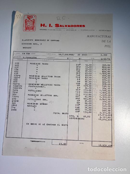 Facturas antiguas: FACTURA. H. I. SALVADORES. MANUFACTURAS DE LA PIEL. ASTORGA - LE&Oacute;N, 1975