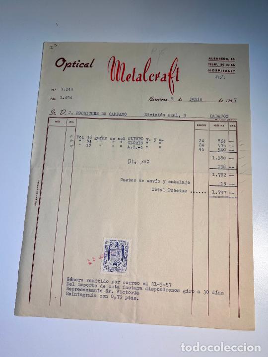Facturas antiguas: FACTURA. METALCRAFT. OPTICAL. BARCELONA, 1957