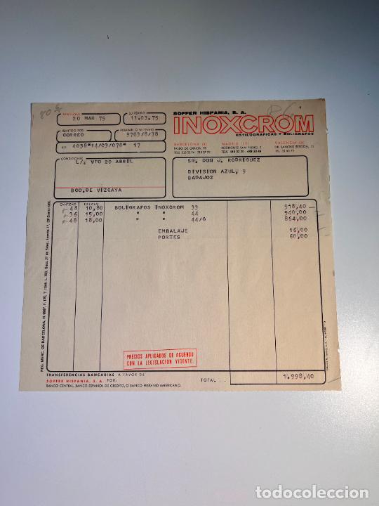 Facturas antiguas: FACTURA. INOXCROM. ESTILOGRAFICAS Y BOLIGRAFOS. SOFFER HISPANIA. BARCELONA, 1975