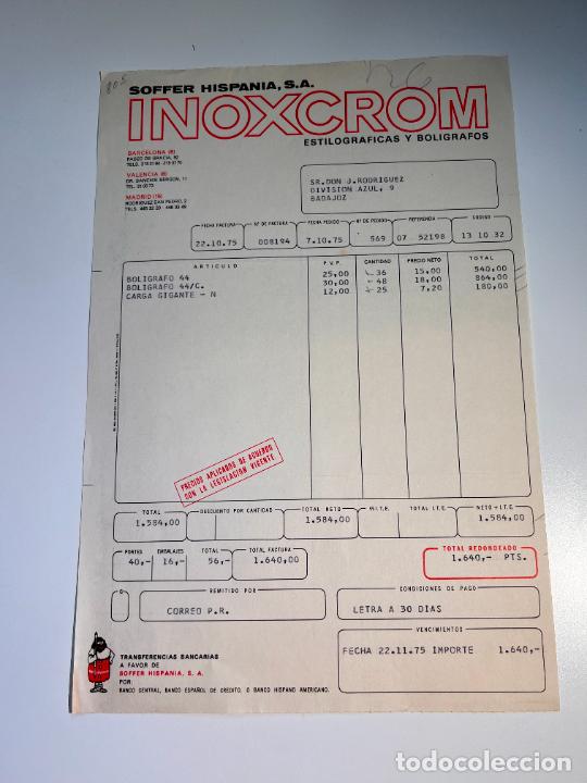 Facturas antiguas: FACTURA. INOXCROM. ESTILOGRAFICAS Y BOLIGRAFOS. SOFFER HISPANIA. BARCELONA, 1975