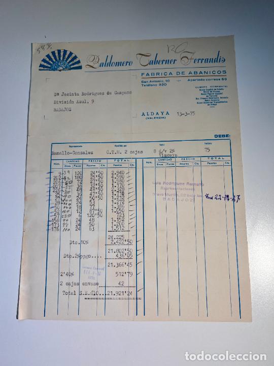 Facturas antiguas: FACTURA. BALDOMERO CABERNER FERRANDIS. F&Aacute;BRICA DE ABANICOS. ALDAYA - VALENCIA, 1975