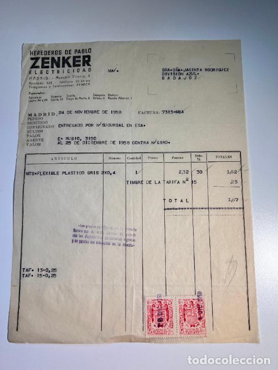Facturas antiguas: FACTURA. ZENKER ELECTRICIDAD. HEREDEROS DE PABLO ZENKER. MADRID, 1958