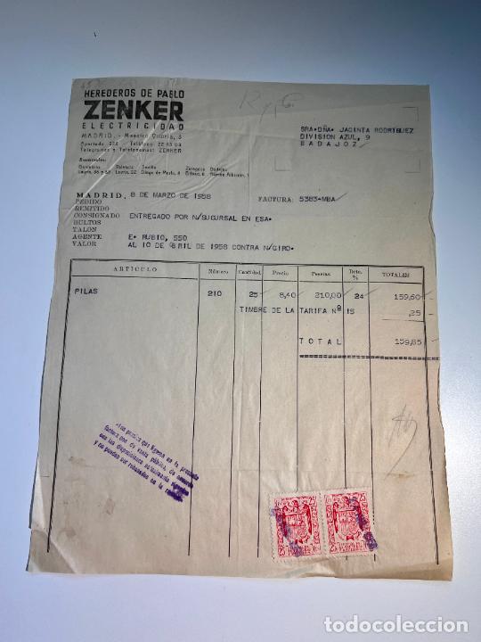 Facturas antiguas: FACTURA. ZENKER ELECTRICIDAD. HEREDEROS DE PABLO ZENKER. MADRID, 1958
