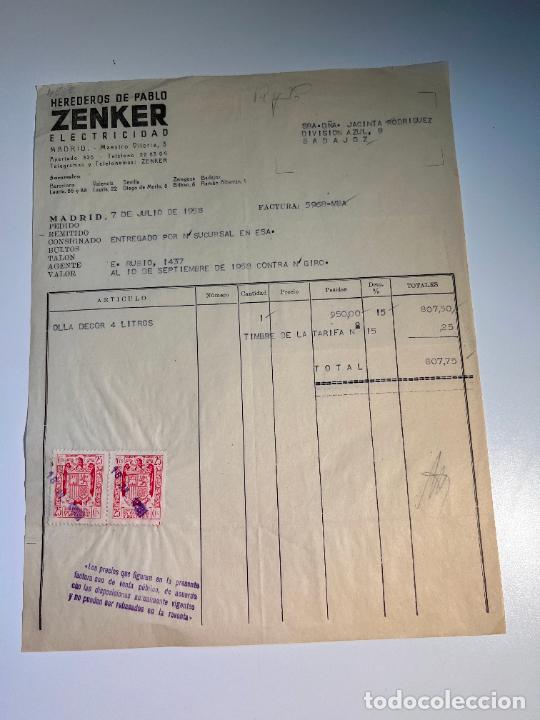 Facturas antiguas: FACTURA. ZENKER ELECTRICIDAD. HEREDEROS DE PABLO ZENKER. MADRID, 1958