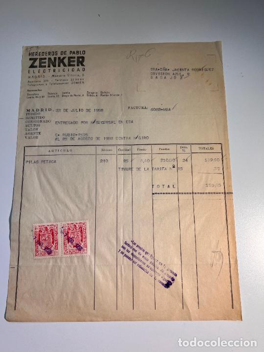 Facturas antiguas: FACTURA. ZENKER ELECTRICIDAD. HEREDEROS DE PABLO ZENKER. MADRID, 1958
