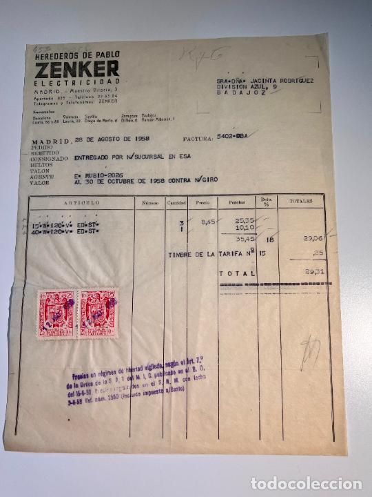 Facturas antiguas: FACTURA. ZENKER ELECTRICIDAD. HEREDEROS DE PABLO ZENKER. MADRID, 1958