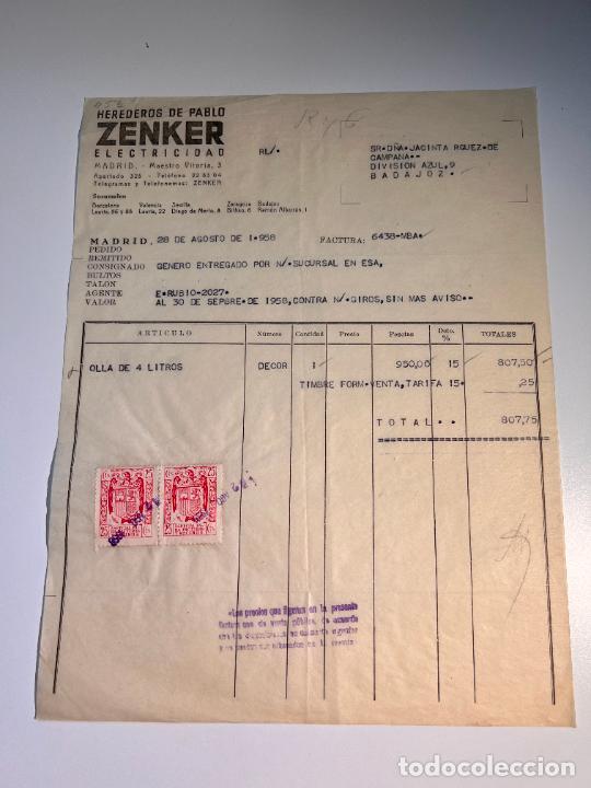 Facturas antiguas: FACTURA. ZENKER ELECTRICIDAD. HEREDEROS DE PABLO ZENKER. MADRID, 1958