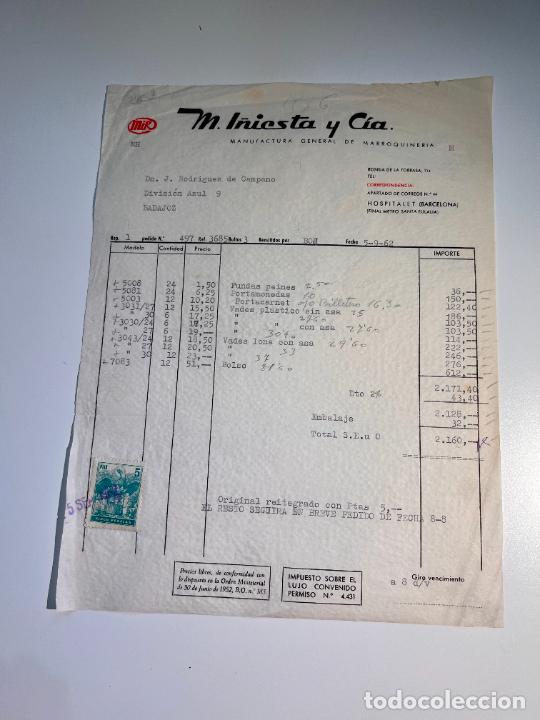 Facturas antiguas: FACTURA. M. INIESTA Y C&Iacute;A. MANUFACTURA GENERAL DE MARROQUINERIA. HOSPITALET - BARCELONA, 1962