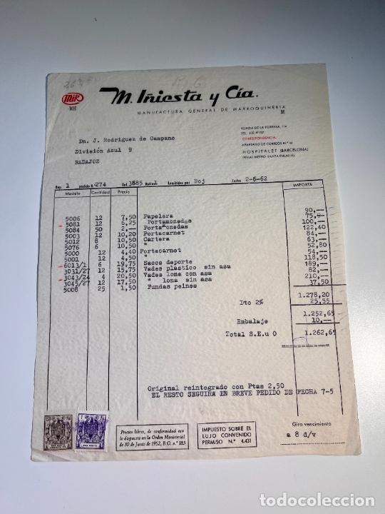 Facturas antiguas: FACTURA. M. INIESTA Y C&Iacute;A. MANUFACTURA GENERAL DE MARROQUINERIA. HOSPITALET - BARCELONA, 1962